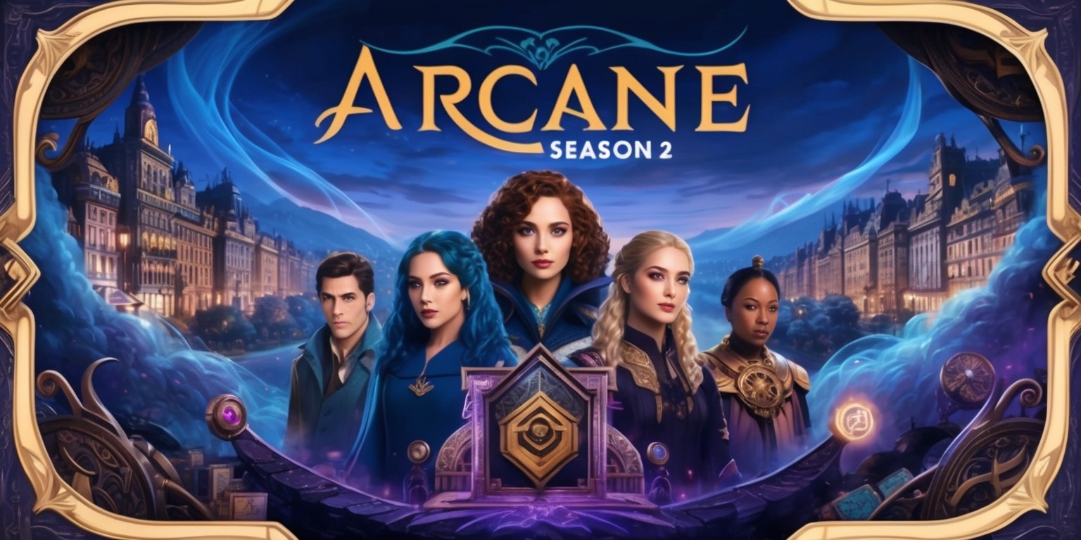 A mystical cityscape at dusk, with sprawling architecture inspired by 19th-century European buildings, set against a backdrop of swirling, ethereal mist, symbolizing the mysterious and magical world of Arcane season 2, with Jinx, Vi, Caitlyn, and Jayce prominently featured in the foreground, each with their distinct facial features, skin tones, and hairstyles, surrounded by intricate, ornate details, mystical artifacts, and ancient tomes, with a color palette of deep blues, purples, and golds, evoking a sense of mysticism and wonder, framed by curved, ornate borders with subtle, glowing accents, with the series' title 