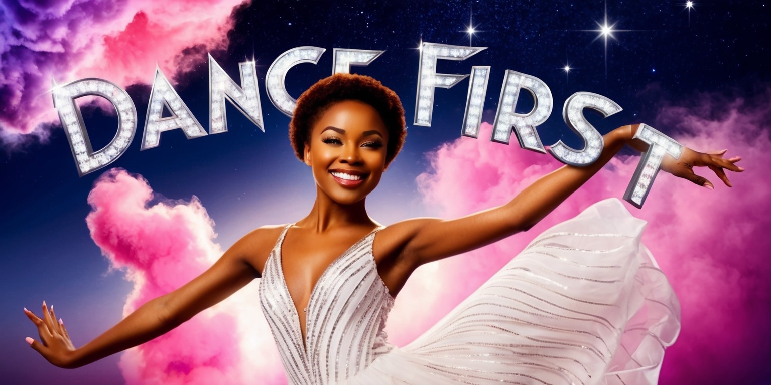 A vibrant movie poster for Dance First featuring a beautiful young woman with a bright smile, her skin radiating a warm golden glow, surrounded by swirling clouds of pink and purple mist which blend seamlessly into a starry night sky, her arms outstretched and her body posed in a dynamic dance move, wearing a flowing white dress that shimmering like diamonds under the twinkling lights, with bold, curly silver lettering that spells out the title Dance First in a stylized, art deco-inspired font, with a subtle sparkle effect that catches the eye, against a dark blue gradient background that fades to black at the edges, giving the entire image a sense of movement and energy.