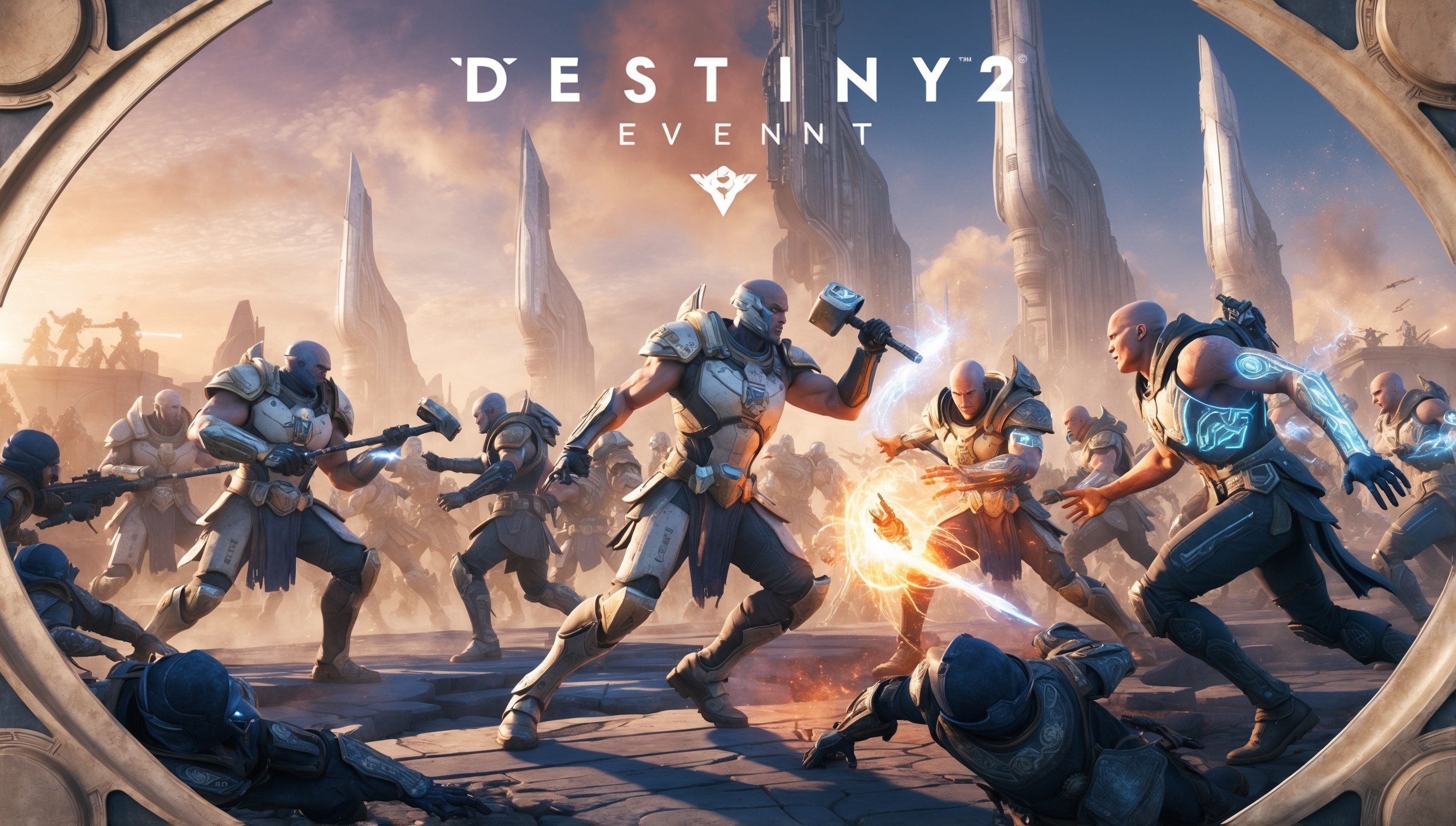 A vivid, action-packed illustration of a dynamic Destiny 2 event, set against a backdrop of a worn, futuristic cityscape with sleek, metallic skyscrapers piercing the sky, awash in a warm, golden light of a setting sun. The scene is ablaze with vibrant colors, as various Guardians, clad in ornate, high-tech armor, clash with hordes of enemy forces, their movements frozen in mid-battle. In the foreground, a Titan, adorned with emblems of the Vanguard, charges forward, their hammer glowing with energy, while a Warlock, surrounded by a halo of light, unleashes a blast of arcane power. The Guardians' faces are set in determined expressions, their skin tones ranging from pale to dark, with intricate, glowing tattoos adorning their arms and faces. The image is framed by ornate, curved lines, reminiscent of ancient alien ruins, with the Destiny 2 logo emblazoned in bold, metallic lettering at the top, in a stylized font that echoes the game's futuristic aesthetic.