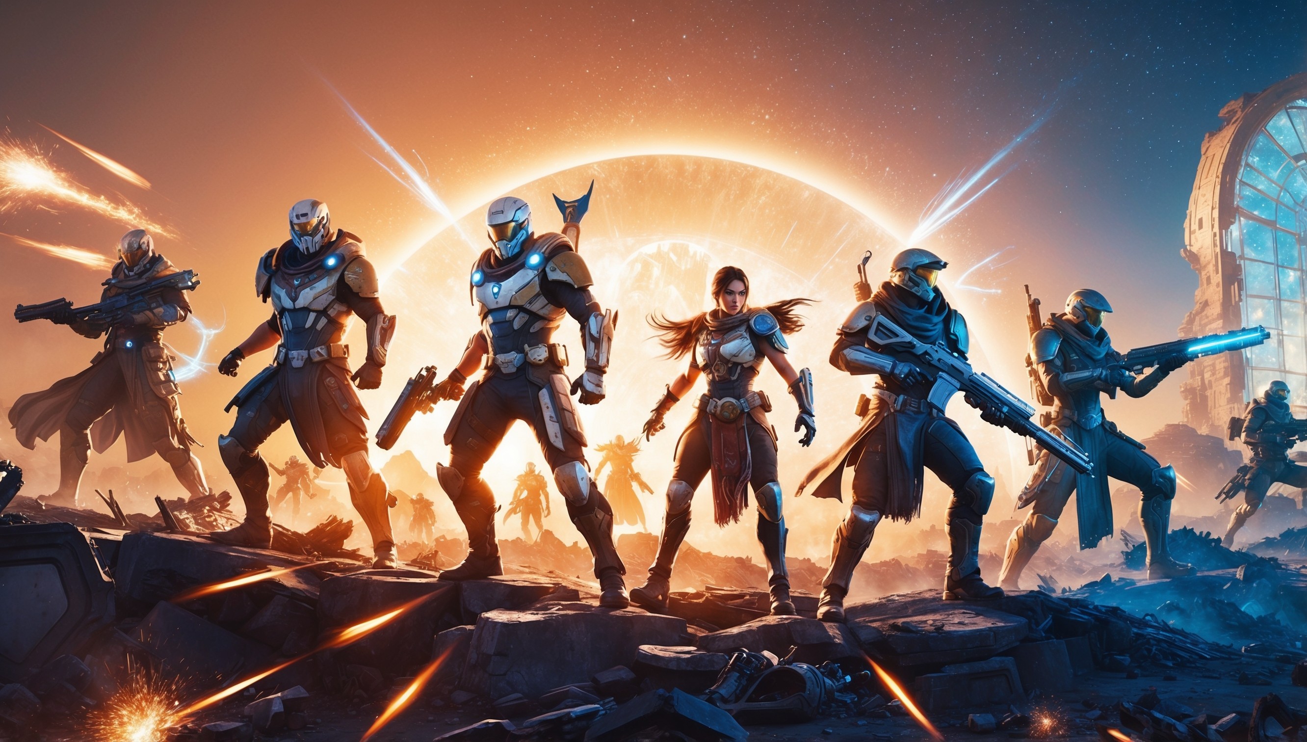 A futuristic, high-energy illustration of a dynamic scene from a Destiny 2 event, set against a vibrant, starry night sky with a warm, golden glow emanating from the horizon, punctuated by flashes of bright blue and orange light from explosions and gunfire, with the silhouettes of iconic Destiny 2 characters such as Titans, Warlocks, and Hunters in the foreground, each with distinctive armor sets and weapons, their faces determined and focused, amidst a backdrop of crumbling, ancient alien architecture and debris-filled terrain, with the looming presence of a massive, glowing Vault of Glass or a similarly imposing structure in the distance, and subtle, glowing wisps of the Traveler's energy permeating the atmosphere.