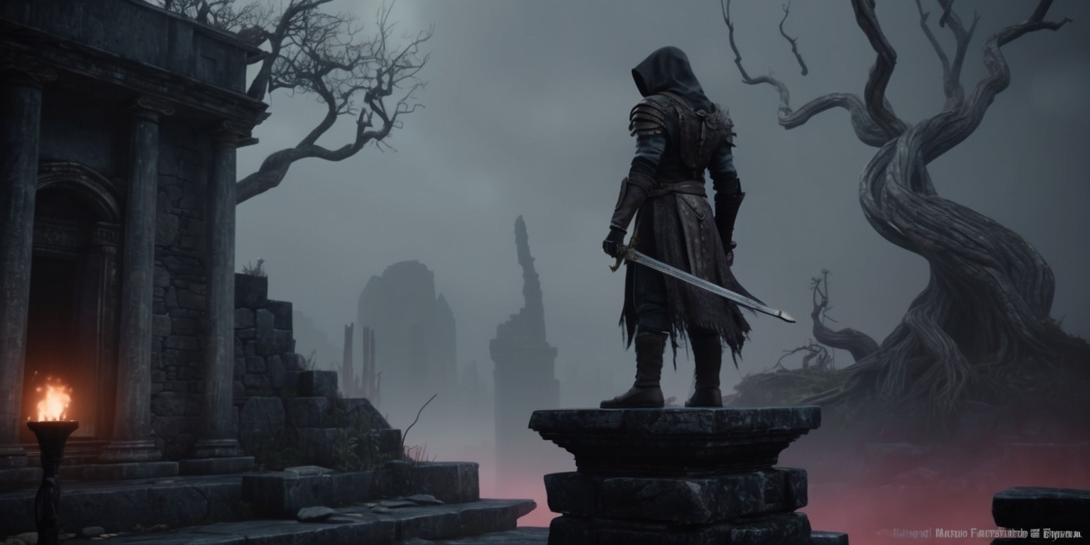 A dark, mystical, and atmospheric scene depicting a moment from a FromSoftware game, with a dark, muted color palette featuring shades of black, grey, and crimson, evoking a sense of foreboding and gloom, set against a backdrop of ancient, ruined architecture, with twisted, gnarled trees looming in the distance, and a sense of misty, eerie fog hanging in the air, with a lone, hooded figure, clad in tattered, worn armor, standing atop a crumbling stone pedestal, gazing out into the distance, their face obscured by shadows, with a faint, flickering torchlight casting an eerie glow on the surroundings, and subtle, intricate details scattered throughout the environment, hinting at the game's dark, mysterious lore.