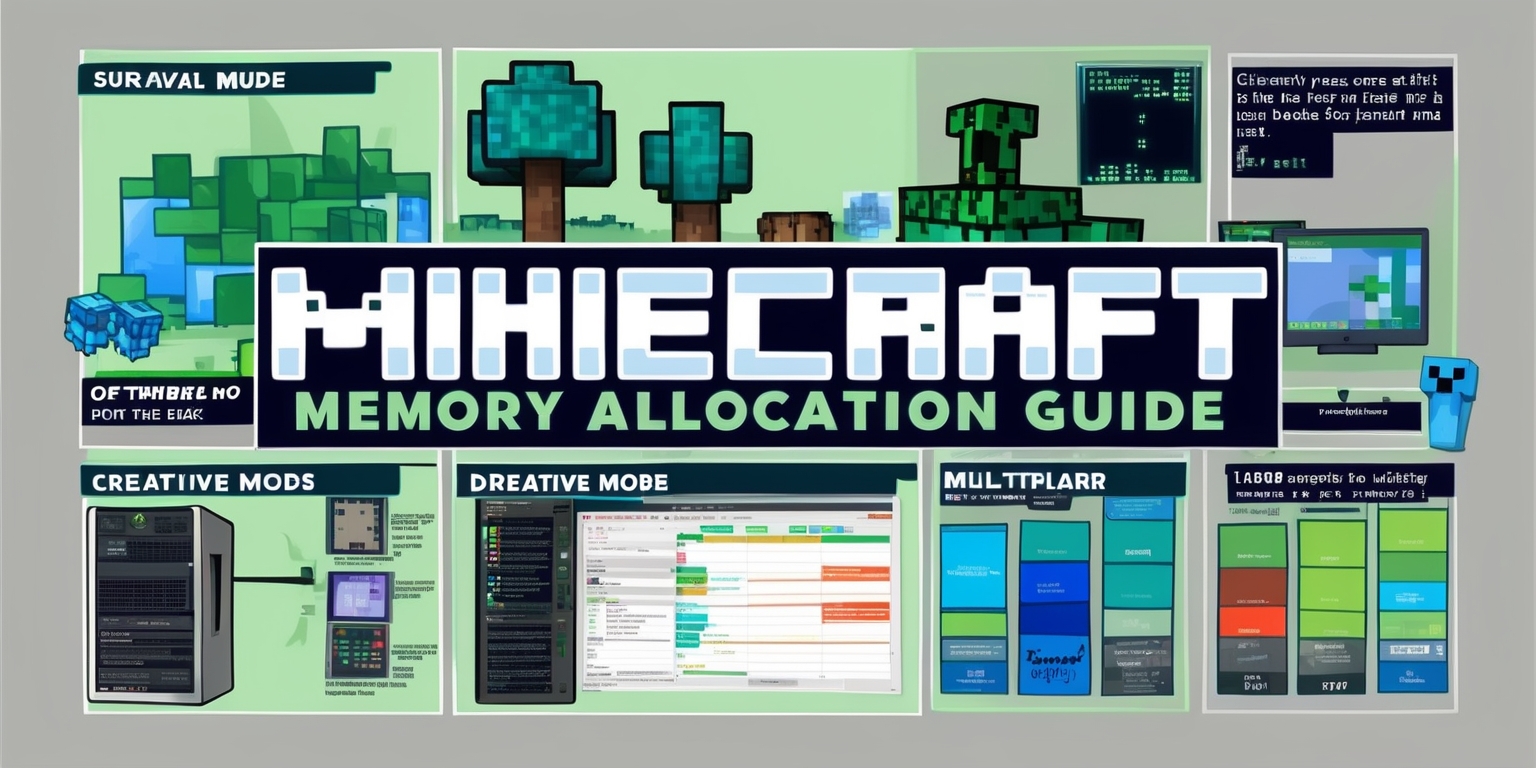 A detailed infographic illustrating a Minecraft memory allocation guide, featuring a mix of digital illustrations and text, with a bold, modern sans-serif font, and a palette of bright, muted colors, including various shades of green, blue, and gray, showcasing optimized RAM allocation for improved performance in Minecraft Java edition, with sections highlighting different gameplay scenarios, such as survival mode, creative mode, and multiplayer, and including diagrams of computer hardware, memory usage charts, and code snippets, with a clean and minimalist layout, and a prominent title that reads Minecraft Memory Allocation Guide in a large, bold font, with a subtle Creeper icon integrated into the design.