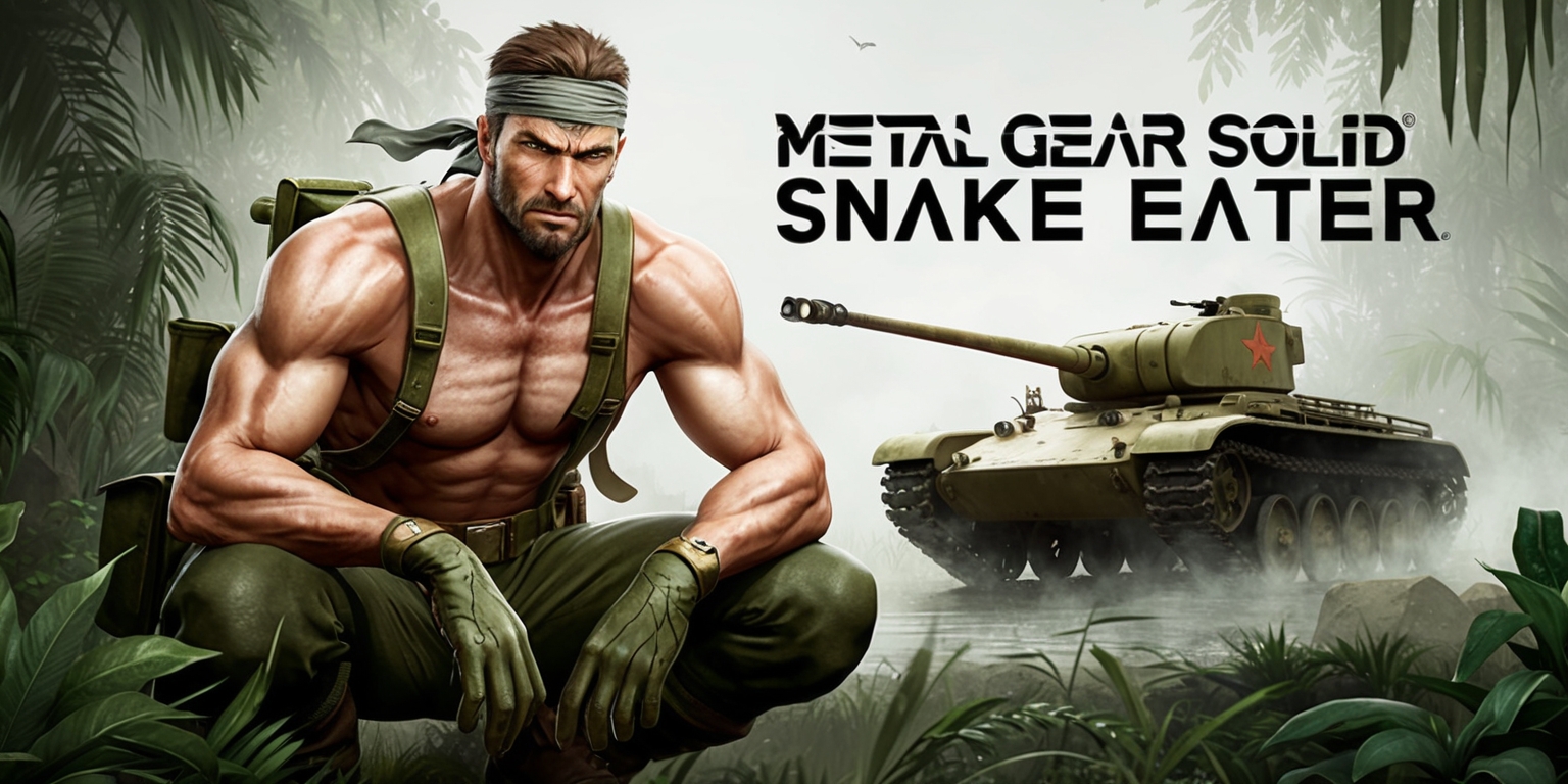 A dramatic illustration of Metal Gear Solid Delta: Snake Eater, depicting the protagonist Naked Snake, a ruggedly handsome man in his mid-30s with a strong jawline, piercing blue eyes, and a characteristic bandana, crouched in a dense jungle environment, surrounded by lush green foliage and misty atmosphere, with a Soviet-era tank or military vehicle in the background, incorporating a muted color palette of olive greens, browns, and tans, evoking a sense of stealth, danger, and nostalgia, with subtle textures and weathering on Snake's attire and equipment, and a hint of vintage Cold War-era aesthetic, with the title Metal Gear Solid Delta: Snake Eater emblazoned in bold, metallic font across the top, with a subtle gradient effect to evoke a sense of intensity and mystery.