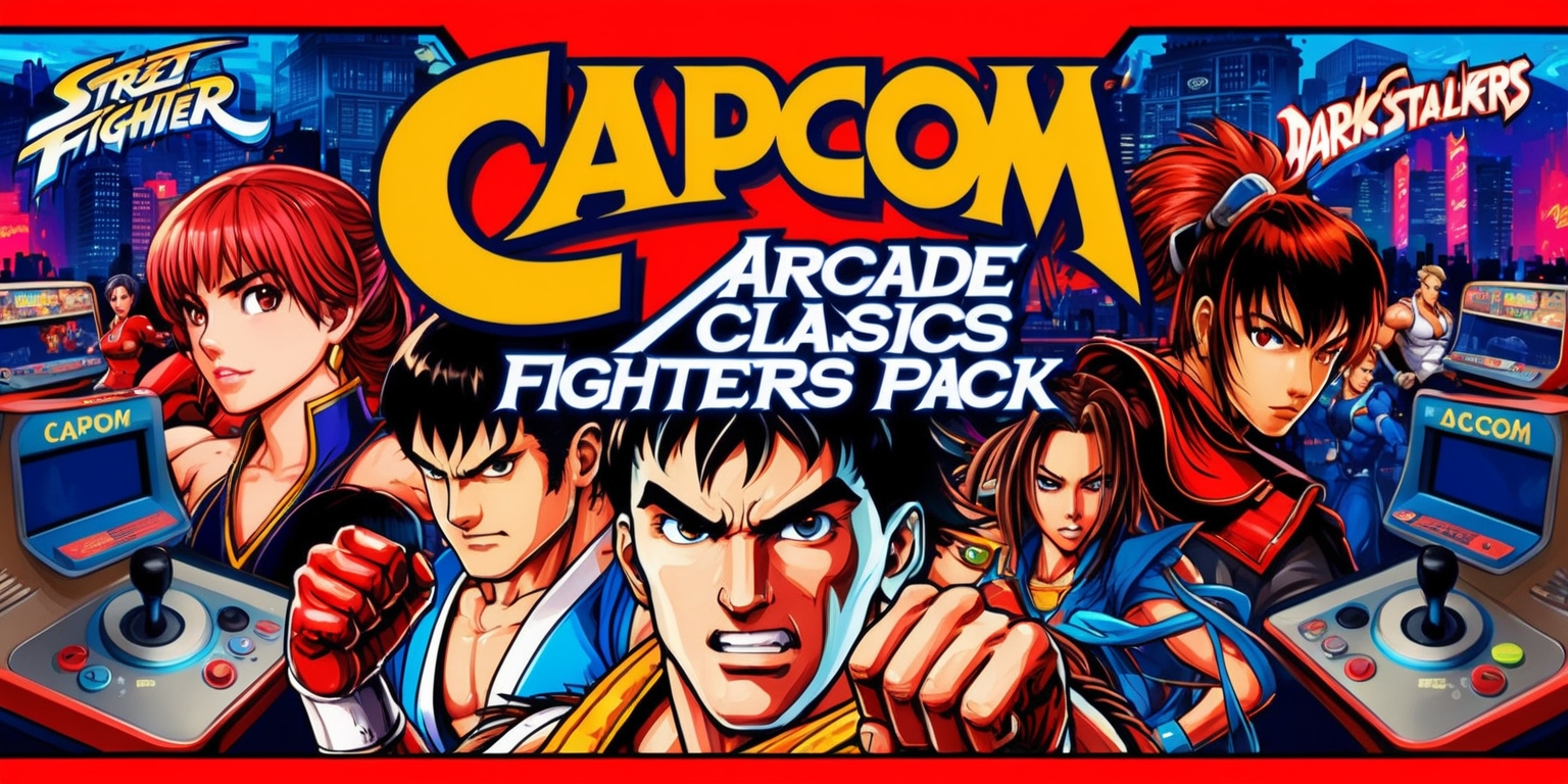 A vibrant and nostalgic illustration of the Capcom Arcade Classics and Fighters Pack bundle, featuring a dominant red and blue color scheme, with the iconic Capcom logo prominently displayed in bold, golden font, accompanied by a collage of beloved characters from Street Fighter, Darkstalkers, and other classic arcade games, including Ryu, Ken, Chun-Li, and Morrigan, each with expressive facial features, detailed skin tones, and dynamic poses, set against a background of retro arcade machines, joysticks, and neon-lit cityscapes, with the games' logos and titles written in a stylized, pixelated font, evoking a sense of nostalgia and competitive energy.