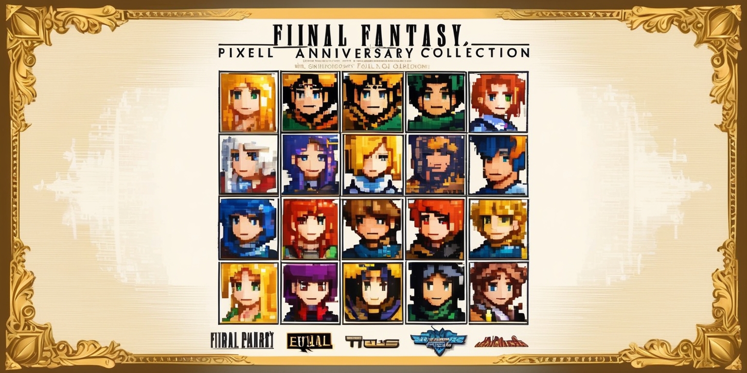 A vibrant, nostalgic illustration of the Final Fantasy Pixel Remaster Anniversary Collection game, showcasing a grid of pixel art characters from the series, including Cloud, Squall, and Tidus, with expressive facial features and intricate costumes, set against a warm, creamy white background with subtle gradient effects. The characters are surrounded by ornate, golden borders and decorative elements, evoking a sense of luxury and celebration. The overall aesthetic is a blend of retro nostalgia and modern polish, with bold, saturated colors and crisp, high-contrast pixels. The title of the collection, Final Fantasy Pixel Remaster Anniversary Collection, is emblazoned in bold, serif font across the top of the image, with the individual game titles and logos displayed prominently below, each with its own distinct typography and color scheme. The entire composition is framed by a thin, ornate border, with subtle texture and shadowing to give the image a sense of depth and dimensionality.