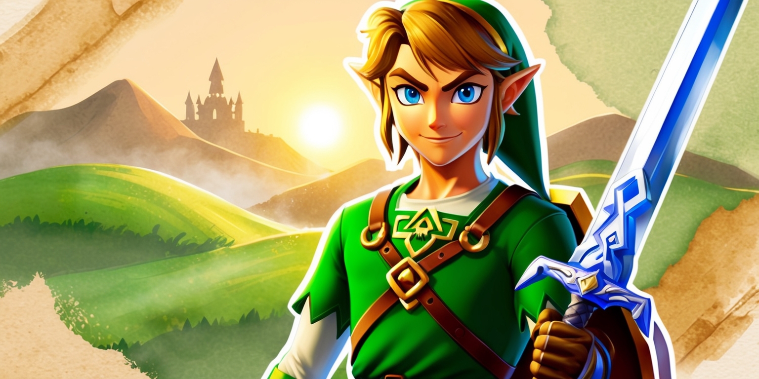 A vibrant digital illustration of the Legend of Zelda game, featuring a young adult Link with Caucasian skin, short brown hair, and bright blue eyes, wearing the iconic green tunic and cap, holding the Master Sword in his right hand, set against a warm sunset background with rolling hills and a distant Hyrule Castle, with a subtle golden glow and delicate watercolor textures, incorporating earthy tones of green, brown, and beige, with a sense of adventure and bravery emanating from the scene.