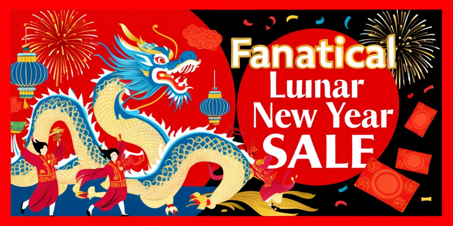 Vibrant illustration of a festive Lunar New Year Sale event, set against a bold red background with golden accents, featuring a majestic dragon or lion dancers in dynamic motion, surrounded by colorful lanterns, fireworks, and intricately designed traditional Chinese decorations, with elegant typography in a modern serif font proclaiming Fanatical Lunar New Year Sale in bright, shimmering gold, alongside a sprinkling of red envelopes and confetti, evoking a sense of joy, prosperity, and celebration.