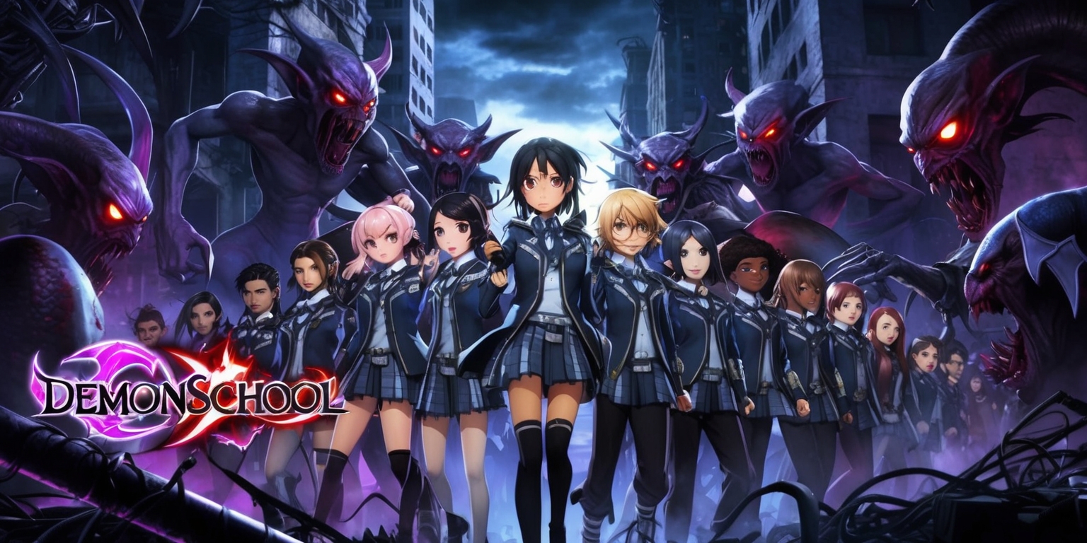 A dark fantasy video game scene from Demonschool with a haunting atmosphere, featuring a group of youthful protagonists with determined facial expressions, varying skin colors, and unique hair styles, adorned in futuristic school uniforms with metallic accents, standing bravely against a horde of menacing demons with razor-sharp claws, glowing red eyes, and dark ominous auras, set amidst a ruined cityscape with crumbling buildings, twisted metal debris, and flickering neon lights, the color palette dominated by deep blues, purples, and grays, with bold typography and neon-lit game logos in the foreground, the overall style inspired by Japanese anime and manga, with dynamic poses, dramatic lighting, and intricate details.