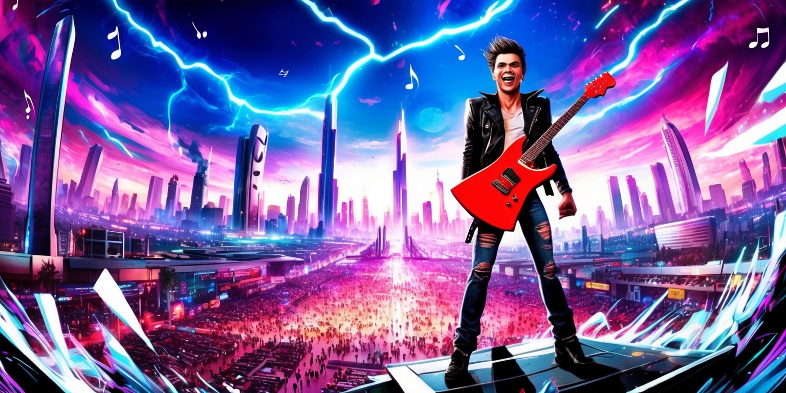 A dynamic, high-energy illustration of a rebellious rockstar standing triumphantly in the midst of a sprawling, open-world cityscape, with sleek skyscrapers, neon lights, and bustling streets that seem to pulse with the rhythm of a live concert, set against a vibrant, electric blue sky with hints of purple and pink hues, evoking a sense of freedom and unbridled creativity, the rockstar themselves dressed in ripped jeans, a black leather jacket, and a bold, red guitar slung over their shoulder, with striking facial features, piercing green eyes, and a confident smirk, surrounded by swirling, abstract musical notes and shards of light that emanate from their presence, as if their music is shattering the boundaries of the city itself.