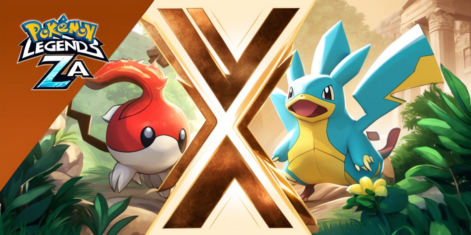 A vibrant and dynamic illustration of the Pokémon Legends: Z-A game, featuring a V-shaped composition with two Pokémon, one from the Z and one from the A region, prominently displayed in the center, surrounded by lush greenery and subtle hints of ancient ruins, with the Pokémon designs and environments rendered in a mix of realistic and stylized detail, set against a warm and inviting color palette with earthy tones and soft lighting, and incorporating the game's logo in a bold, modern font with a metallic sheen, placed discreetly in the top-left corner, while the overall mood and atmosphere convey a sense of adventure, exploration, and discovery.