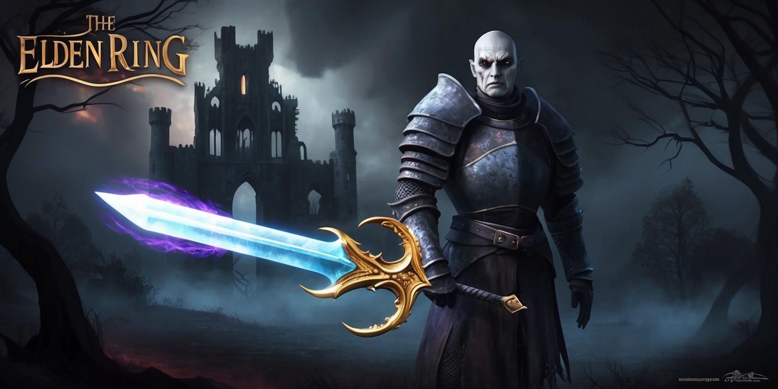 A dark, gothic, fantasy landscape from the Elden Ring game, with a majestic, ruined castle in the background, set amidst a gloomy, misty atmosphere, featuring a lone, armored figure of a Tarnished warrior, with a stern facial expression, pale skin, and distinctive, worn, medieval-style armor, holding a large, glowing, magical sword, with an intricate, golden hilt, and a subtle, ethereal glow, surrounded by a faint, aura of blue and purple lights, with the castle's grand, stone architecture, and the dark, mysterious, tree silhouettes, set against a deep, ominous, sky with subtle, hints of crimson and gold, and the overall image, rendered in a highly detailed, realistic, dark fantasy art style.