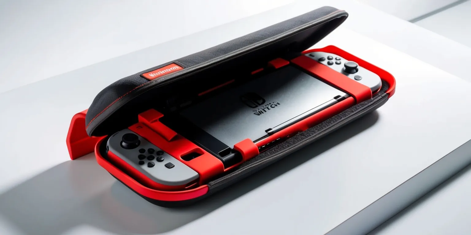 A sleek and modern Nintendo Switch 2 Vault Case accessory sitting on a clean, white background, with the case opened to reveal its interior, showcasing the precise cutouts and compartments designed to hold the Nintendo Switch 2 console and its accessories, the case itself is made of a durable, high-quality material with a subtle texture, and it features a bold, eye-catching color scheme with the Nintendo logo prominently displayed in a bright, fire engine red color, with a silver Nintendo Switch 2 console nestled inside, and the overall aesthetic is one of premium quality and sleek design, with subtle shading and lighting effects that accentuate the curves and contours of the case and console.