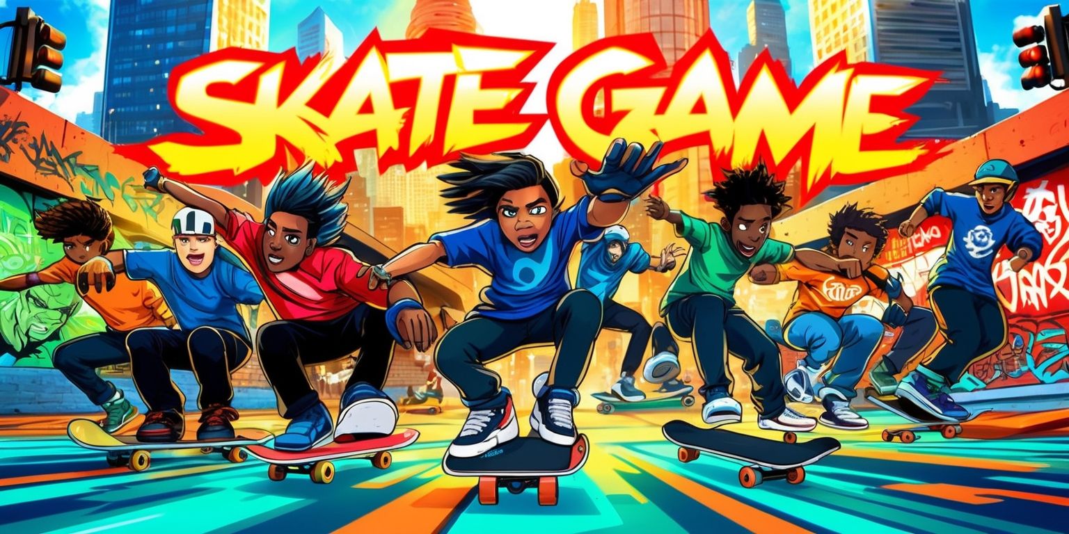 A dynamic digital illustration of a skate game in progress, set against a vibrant urban backdrop with a warm golden light, featuring a diverse group of skaters with unique facial features, varied skin tones, and distinctive hairstyles, each showcasing their own style and skills on the board, with the cityscape behind them, including towering skyscrapers, streetlights, and graffiti-covered walls, the atmosphere is filled with excitement and energy, the colors are bold and bright, with shades of blue, green, and orange, the style is futuristic and sleek, with clean lines and geometric shapes, the layout is chaotic yet harmonious, with the skaters and obstacles intertwined, the text Skate Game is emblazoned across the top in a bold, graffiti-style font, with a mix of uppercase and lowercase letters, in a bright, fiery red color that stands out against the cityscape.