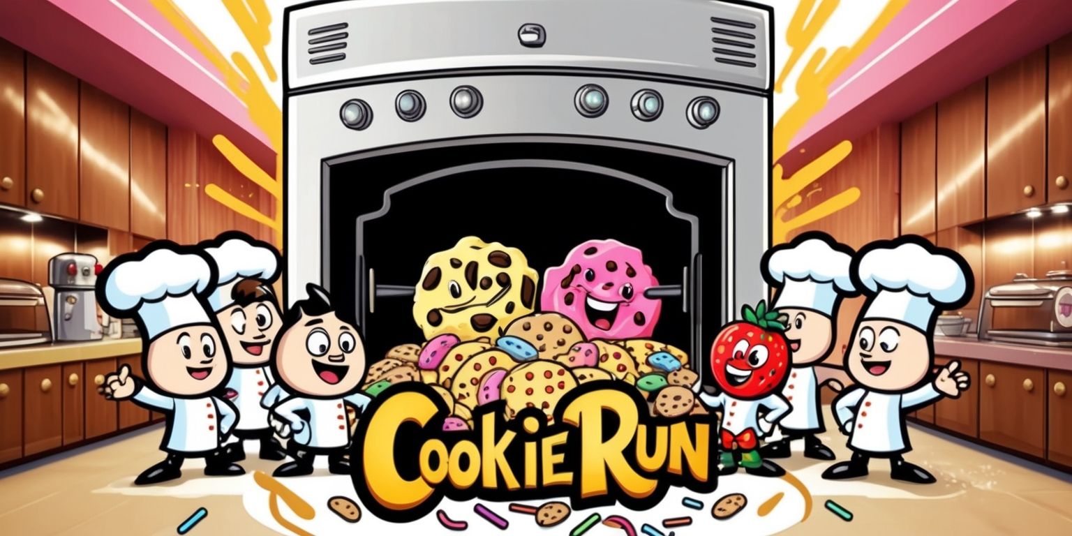 Cookie Run characters gathered around a massive oven in a vibrant cartoon landscape, with bold lines and bright colors, the oven door is smashed open revealing a trove of colorful cookies, the characters have distinctive facial features and expressive emotions, with Pure Vanilla Cookie and Strawberry Cookie prominently displayed, the background is a warm and inviting bakery setting with sleek wooden accents and shiny metallic appliances, the overall style is reminiscent of a fantastical animation, with dynamic composition and energetic layout, the Cookie Run logo is emblazoned in bold, curly font with a golden color, surrounded by sprinkles and other sweet treats.