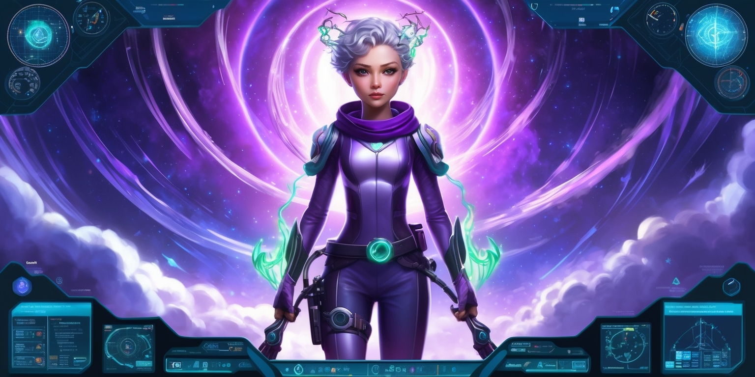 A stunning illustration of a futuristic, celestial background with vibrant hues of purple and blue, showcasing a beautiful, youthful astronomer-inspired character from the Honkai Star Rail universe, standing confidently in the center, surrounded by swirling starlight and wispy clouds. Her short, curly silver hair is adorned with intricate, glowing astral accessories, and her piercing emerald green eyes shine with an inner light. She wears a sleek, high-tech spacesuit with a utility belt and carries a unique, ornate staff that crackles with energy. At the top of the image, a series of intricate, swirling star charts and astronomical symbols are subtly integrated into the design, while at the bottom, a dynamic layout of windows, charts, and lines of code display her strategic abilities, resource systems, and upgrade processes. The overall aesthetic is a fusion of sci-fi elegance and mystical wonder, capturing the essence of the character's design and progression within the game's narrative and tactical gameplay.