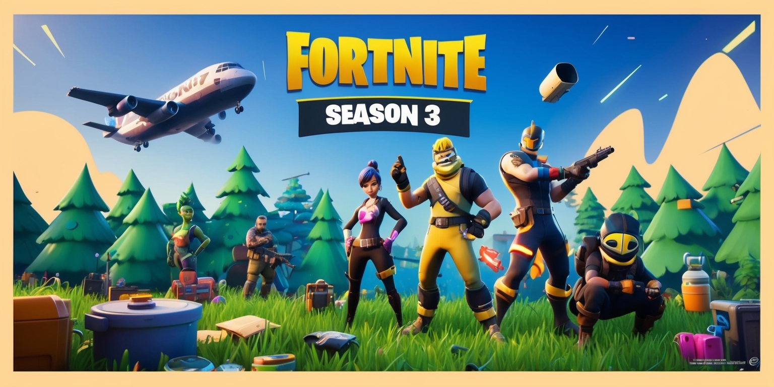 A nostalgic scene depicting the original Fortnite Season 3 game, set in a vibrant and whimsical environment, with a mix of cartoonish and realistic elements, reminiscent of the game's early era, featuring a warm color palette with shades of blue, green, and beige, and a dynamic composition with bold lines and shapes, showcasing the game's iconic characters, such as the default skins, Jonesy and Renegade Raider, with detailed facial expressions, and bright, glowing accents on their outfits, standing amidst a scenic backdrop of the Battle Bus flying overhead, surrounded by lush green forests, and scattered with items and supplies, with subtle lighting effects and soft shadows, evoking a sense of excitement and adventure, with the Fortnite logo prominently displayed in bold, metallic letters, in a curved line above the characters, with a subtle gradient effect.