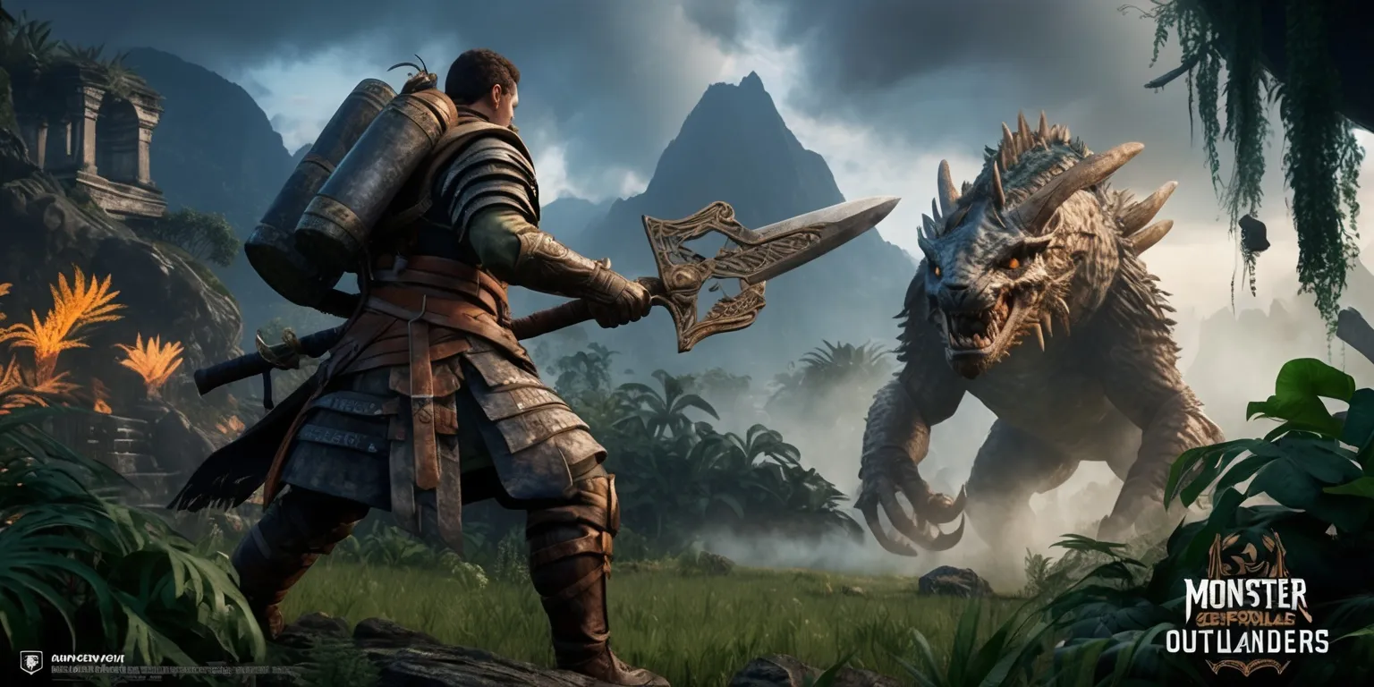 A cinematic promotional key art scene inspired by Monster Hunter Outlanders, featuring a skilled hunter in rugged layered armor standing in a lush untamed wilderness, gripping an ornate oversized hunting weapon while facing a colossal wyvern-like monster emerging from misty jungle foliage. Dramatic mountain ranges, ancient ruins, glowing endemic plants, drifting embers, and atmospheric clouds fill the background. Highly detailed creature scales, expressive eyes, weathered armor, leather straps, metal accents, and dynamic action-ready poses. Rich emerald greens, earthy browns, steel gray, warm orange highlights, and cool blue mist create a vivid high-fantasy adventure palette. Epic wide composition, low-angle framing, strong depth, dramatic rim lighting, detailed environmental storytelling, polished realistic 3D game art, sharp focus, immersive cinematic atmosphere.