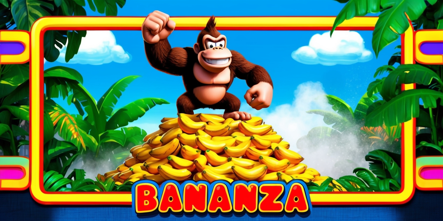A vibrant, colorful illustration of Donkey Kong Bananza game scene, set against a bright blue sky with fluffy white clouds, featuring Donkey Kong, a giant ape with dark brown fur, standing triumphantly on top of a pile of golden bananas, surrounded by lush green jungle foliage, with a hint of misty atmosphere, framed by old-school arcade game aesthetics, with bold, rounded lines, bright neon colors, and a subtle nostalgic glow, with Donkey Kong's face showcasing a wide, cheerful grin, and his eyes gleaming with excitement, as if celebrating a victorious moment in the game, with subtle textures and patterns on the characters and environment, evoking a sense of retro arcade nostalgia.