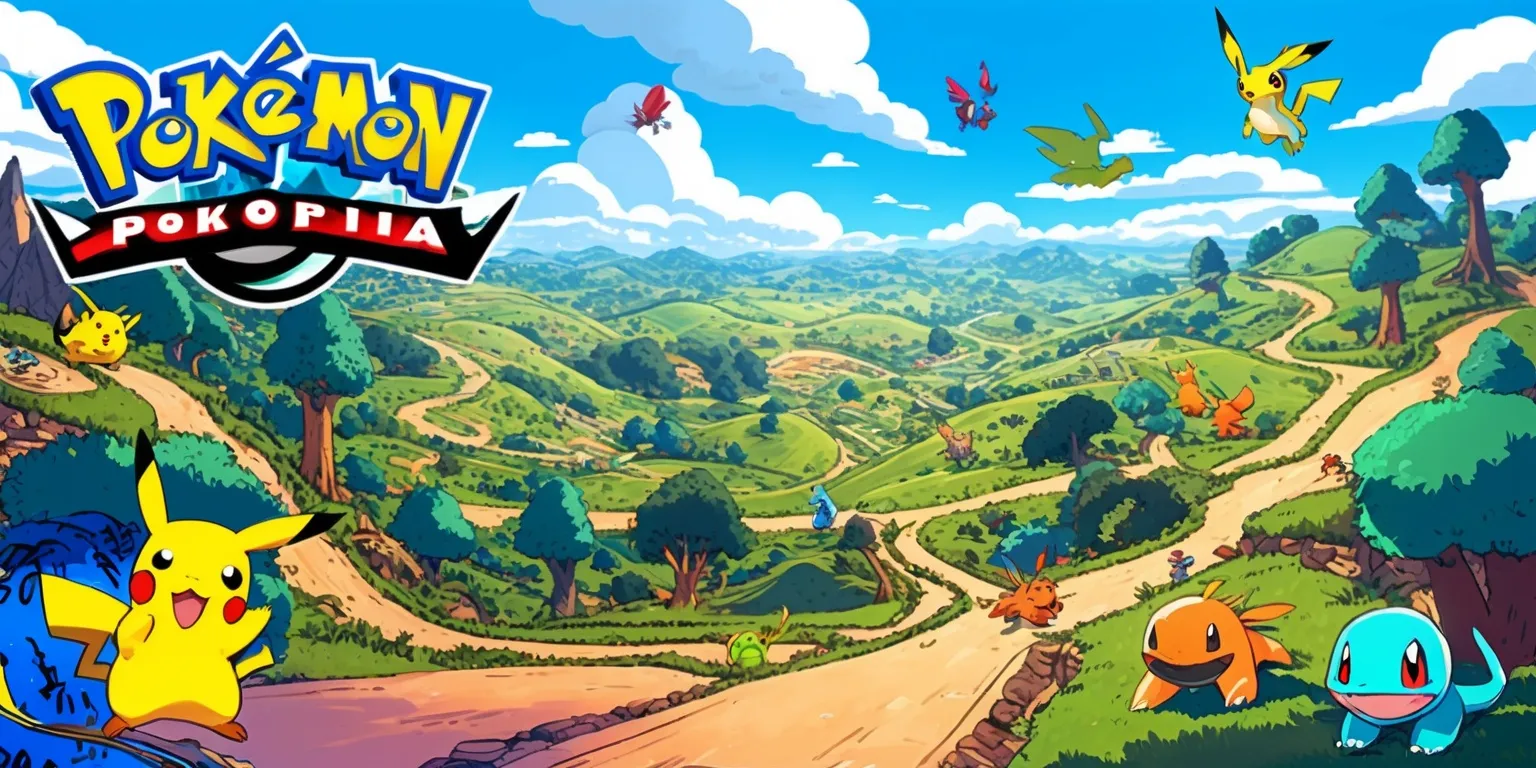 A vibrant and detailed illustration of the fictional world of Pokopia, featuring a vast landscape with rolling hills, towering trees, and winding paths, set against a bright blue sky with fluffy white clouds, with various Pokémon roaming freely, including a few iconic characters such as Pikachu, Charizard, and Squirtle, all rendered in a colorful and stylized manner, with bold lines, textured details, and a mix of realistic and fantastical elements, incorporating a sense of adventure and excitement, with the game's logo prominently displayed in the top left corner, in a bold, futuristic font with metallic accents, and a few subtle hints of gameplay mechanics and interface elements, such as a mini-map, health bars, and item icons, all blended seamlessly into the scenery.