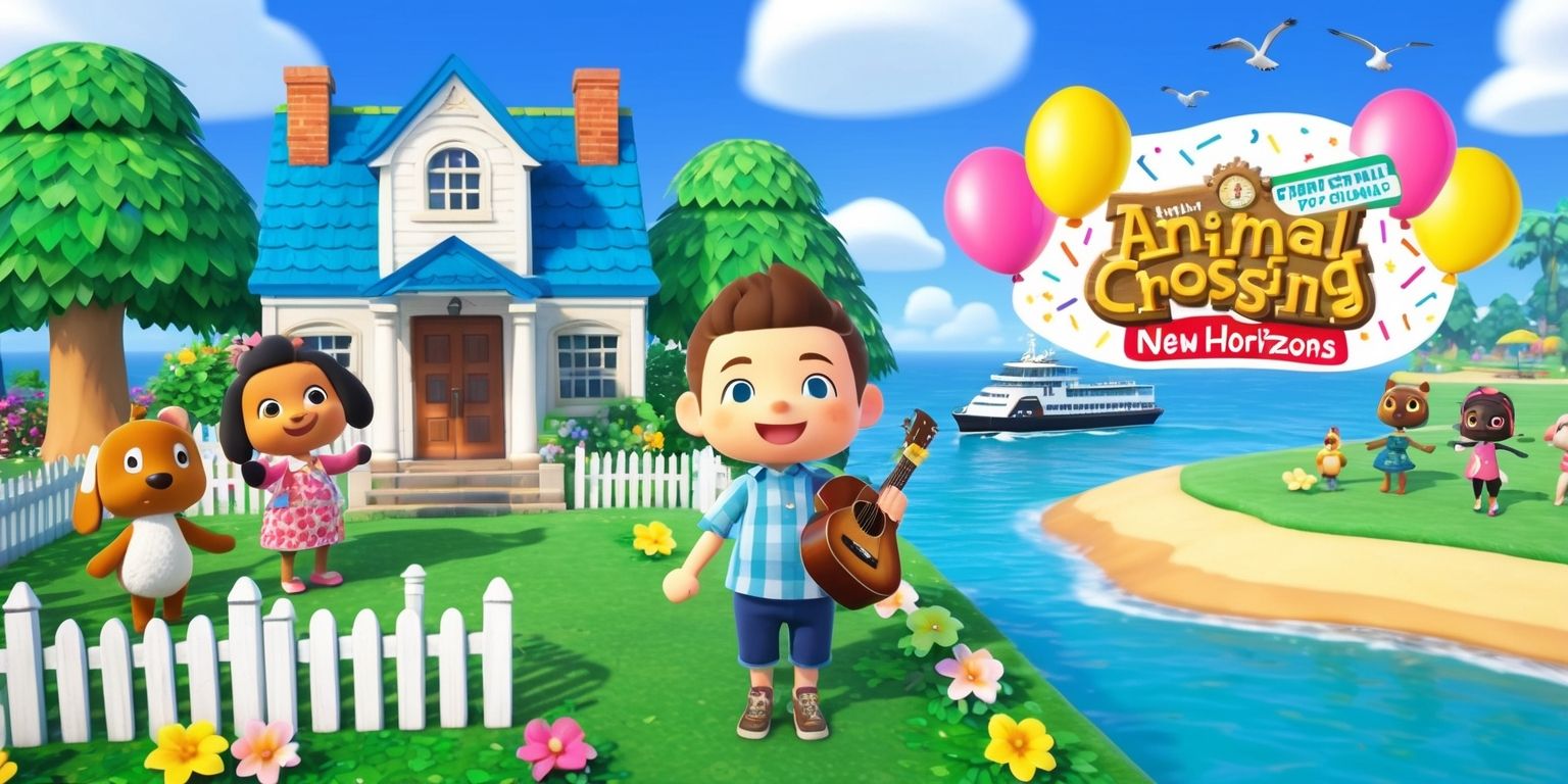 A colorful digital illustration depicting the vibrant world of Animal Crossing: New Horizons, featuring Tom Nook standing in front of a newly updated town hall with a bright blue roof and white picket fence, surrounded by lively green trees and flowers, with a few villagers of different species and skin tones, including a happy-looking Isabelle with a big smile and a resident animal character like K.K. Slider playing his guitar under a clear blue sky with a few white fluffy clouds, and in the background a ferry boat sailing across the calm turquoise water of the island's shore, with a few seagulls flying overhead, and a banner or billboard with the game's logo in bold white and colorful letters, announcing the exciting new update with confetti and balloons in shades of pink, yellow, and orange.
