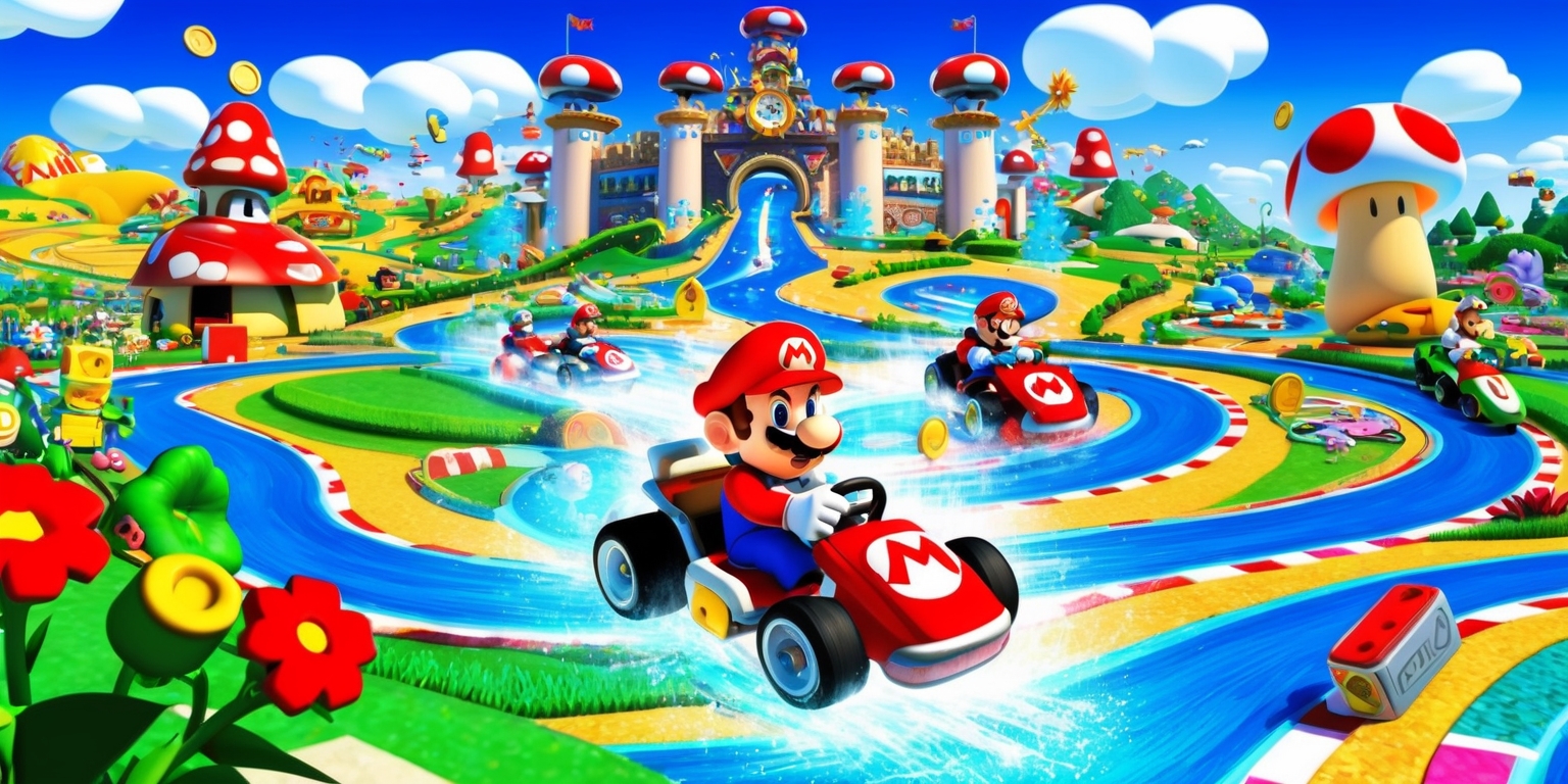 A vibrant, whimsical illustration of Mario Kart World, depicting Mario and his friends racing on colorful, winding tracks set amidst a richly detailed, fantastical landscape, complete with rolling hills, sparkling water features, and imposing Mushroom Kingdom architecture, with lush greenery and blooming flowers in the foreground, and a bright blue sky with puffy white clouds above, featuring iconic Mario Kart elements such as item boxes, coins, and speed boosts, rendered in a stylized, cartoonish art style reminiscent of the classic video game, with bold lines, playful textures, and a sense of dynamic energy and movement.