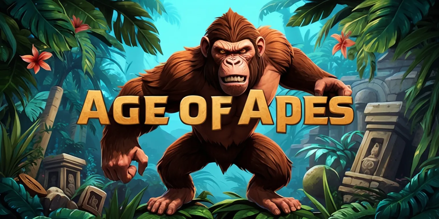 A vibrant and dynamic digital illustration of the Age of Apes game, showcasing a primal ape character with rugged facial features and earthy-toned fur, set against a lush jungle backdrop with dense foliage and exotic flowers, the ape is depicted in a powerful stance, with sharp teeth and piercing eyes, surrounded by ancient ruins and mysterious artifacts, the color palette is rich and bold, with shades of green, brown, and blue, the style is reminiscent of a fantasy adventure game, with intricate details and textures, the layout is balanced and symmetrical, with the ape character at the center, and the text Age of Apes is emblazoned in a bold, golden font at the top of the image, with a subtle gradient effect to give it a sense of depth and dimension.