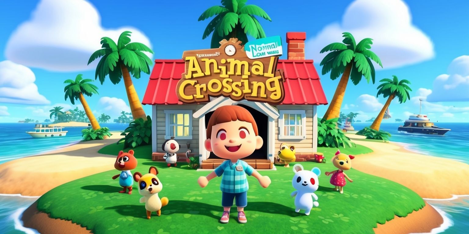 A vibrant and colorful digital illustration of the Animal Crossing: New Horizons game, set on a beautiful deserted island with lush green trees, bright blue skies, and fluffy white clouds, featuring the game's main character, a young adult with a cheerful expression and rosy skin tone, standing in front of a cozy little house with a red roof and surrounded by various adorable animals, including Tom Nook, K.K. Slider, and Isabelle, with a few boats and palm trees in the background, and a large screen in the foreground displaying the game's logo in bold, white, and colorful letters, with a mix of natural textures and futuristic elements, blending realistic and stylized elements, and a sense of serenity and wonder, with soft lighting and delicate shadows, inviting the viewer to step into the charming world of Animal Crossing.