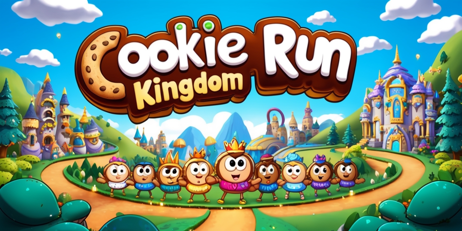 A vibrant, whimsical illustration of the Cookie Run Kingdom game, set against a bright blue sky with fluffy white clouds, featuring a colorful cast of cookie characters, each with distinctive facial features and expressive eyes, standing amidst a fantasy kingdom with rolling hills, towering trees, and intricately designed buildings, with hints of golden trim and sparkling gems, surrounded by lush greenery and winding paths, showcasing the game's playful and adventurous spirit, with bold lines, textures, and attention to detail, in a dynamic composition that bursts with energy and warmth, evoking a sense of wonder and excitement.