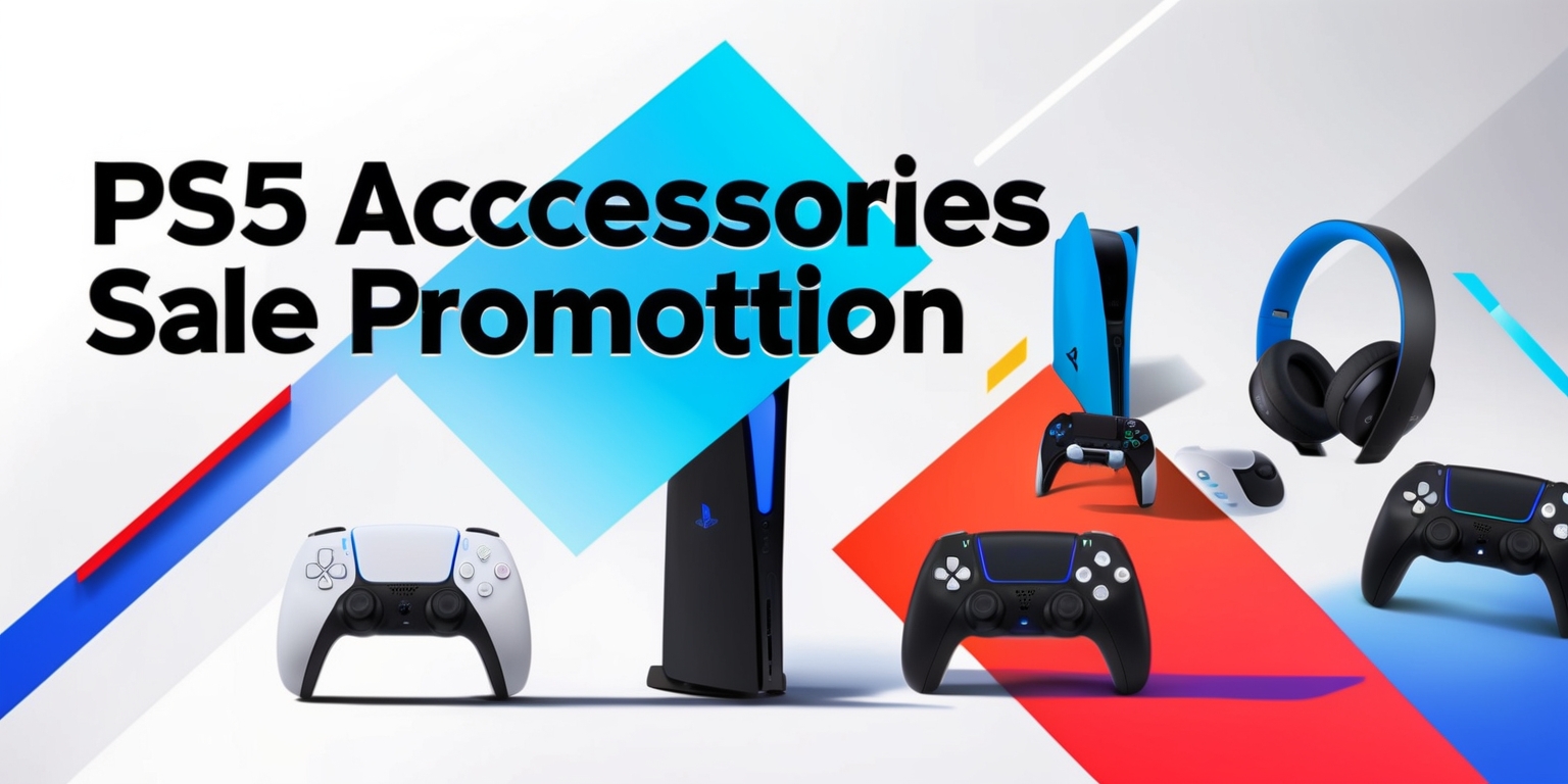 A stylized promotional image featuring a vibrant and modern aesthetic, showcasing a selection of PS5 accessories against a clean, white background, with bold, contrasting colors to grab attention, such as bright blues and reds, highlighting the excitement of the sale. The accessories, including controllers, headsets, and games, are arranged in a visually appealing way, perhaps in a diagonal or circular pattern, with slight shadows and subtle gradients to give a sense of depth and dimension. The prominent text PS5 Accessories Sale Promotion is emblazoned across the top in a sleek, sans-serif font, with the words Sale and Promotion possibly highlighted in a louder, more attention-grabbing color. The overall design is streamlined, youthful, and energetic, conveying the idea of a limited-time offer that gamers won't want to miss.