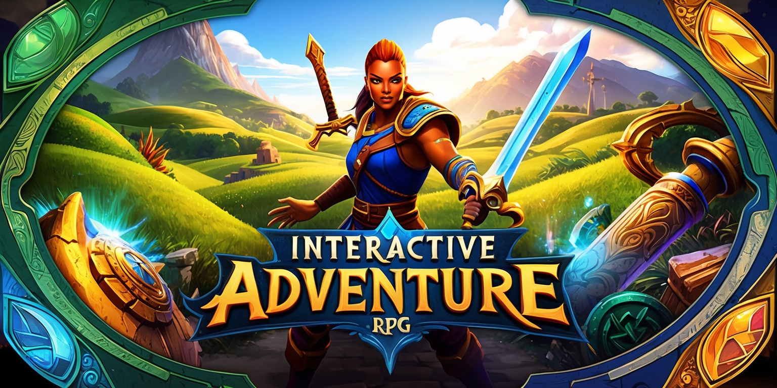 A highly detailed and vibrant digital illustration of a fantasy-themed interactive adventure-RPG game scene, set in a lush open world with rolling hills and towering mountains in the background, featuring a brave warrior character with striking facial features and warm skin tone, standing heroically with a gleaming sword in hand, surrounded by magical elements and mysterious artifacts, with a rich color palette of emerald green, sapphire blue, and amber yellow, and a dynamic layout with subtle textures and intricate patterns, incorporating stylized typography and logos in a bold, curved font with metallic accents, showcasing the game's title and logo prominently in the center, with a sense of excitement and adventure emanating from the scene.