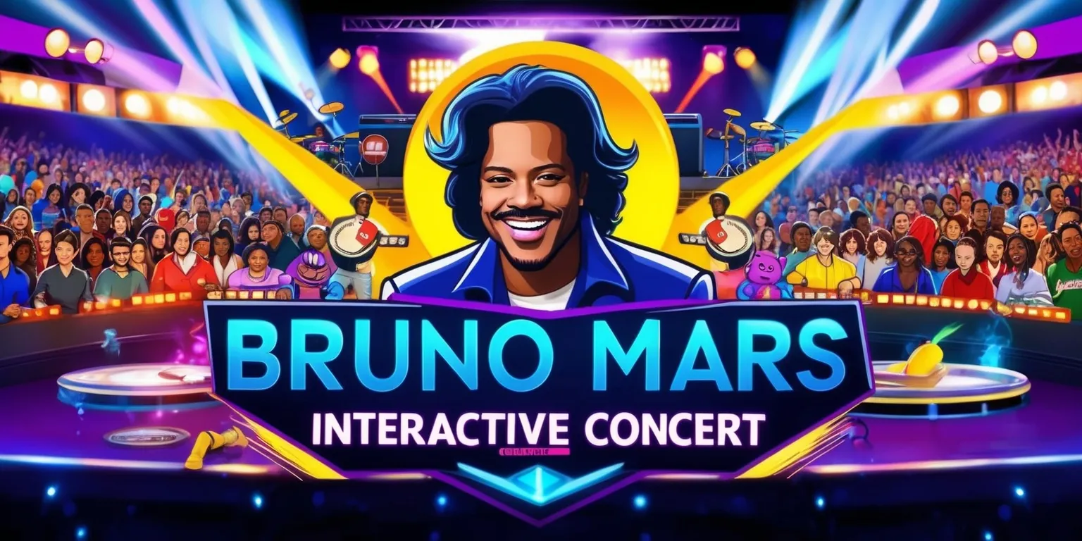 A vibrant and dynamic illustration of a Bruno Mars interactive concert game, featuring the renowned musician as the central figure, with a charismatic smile and distinctive hairstyles, set against a backdrop of a lively stage with flashing lights, drums, guitars, and a packed audience of diverse people, all immersed in the excitement of the game, with colorful graphics and engaging visuals, incorporating elements of music, competition, and fun, and including bold, eye-catching text and logos in a modern, sleek font, with a predominantly dark blue and purple color scheme, and accents of bright yellow and orange, to evoke the energy and thrill of a live concert experience.