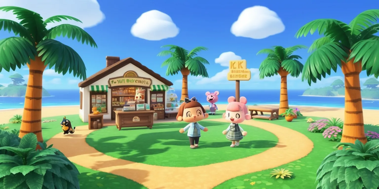 A serene and vibrant digital illustration of a scene from Animal Crossing: New Horizons game, set on a beautiful island with lush green grass, tall palm trees, and a clear blue sky with a few fluffy white clouds, featuring Tom Nook's store and various adorable characters like Tom Nook, Isabelle, and K.K. Slider, with intricate details and textures, in a colorful and whimsical style reminiscent of the game's visuals, with a mix of natural and man-made elements, and a sense of warmth and welcoming atmosphere, showcasing the game's unique charm and character.