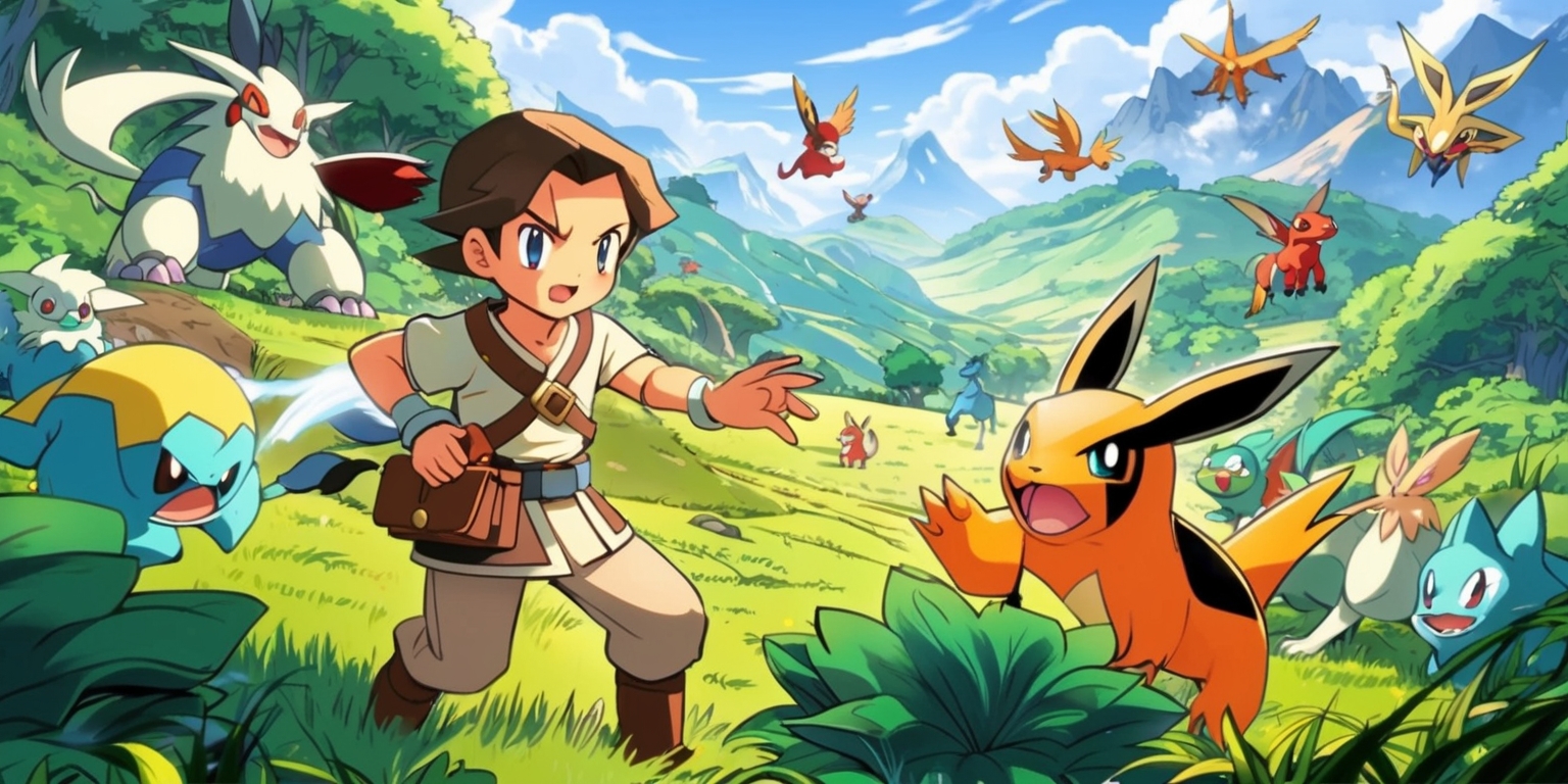 A vibrant and action-packed scene depicting the world of Pokémon Legends: Arceus and Pokémon Legends: Zarai, set in a lush and expansive environment with rolling hills, dense forests, and majestic mountains, featuring a variety of Pokémon roaming freely in their natural habitats, with a focus on the protagonists, a young researcher with a determined expression, wearing a traditional outfit and carrying a satchel, and their trusty Pokémon partner, a strong and brave Zarai, with a bold and adventurous spirit, surrounded by lush greenery, with a warm and sunny color palette, and a dynamic composition, incorporating traditional and modern elements, with bold lines and intricate details, highlighting the thrill of discovery and the bond between trainers and Pokémon.