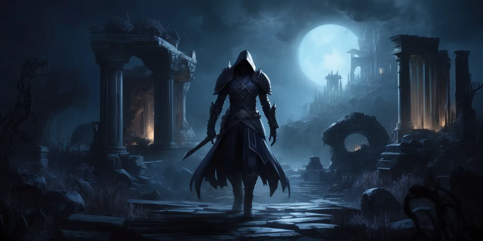 A haunting dark fantasy scene set in a mystical metroidvania world, with a lone stealthy figure emerged from the shadows, surrounded by ancient ruins and mysterious landscapes, illuminated by faint moonlight, with a mix of gothic and industrial elements, and a predominantly dark color palette with hints of deep blues and purples, and the figure adorned in dark armor with intricate details, and an air of mystery and adventure, with a sense of foreboding and danger lurking in the background.
