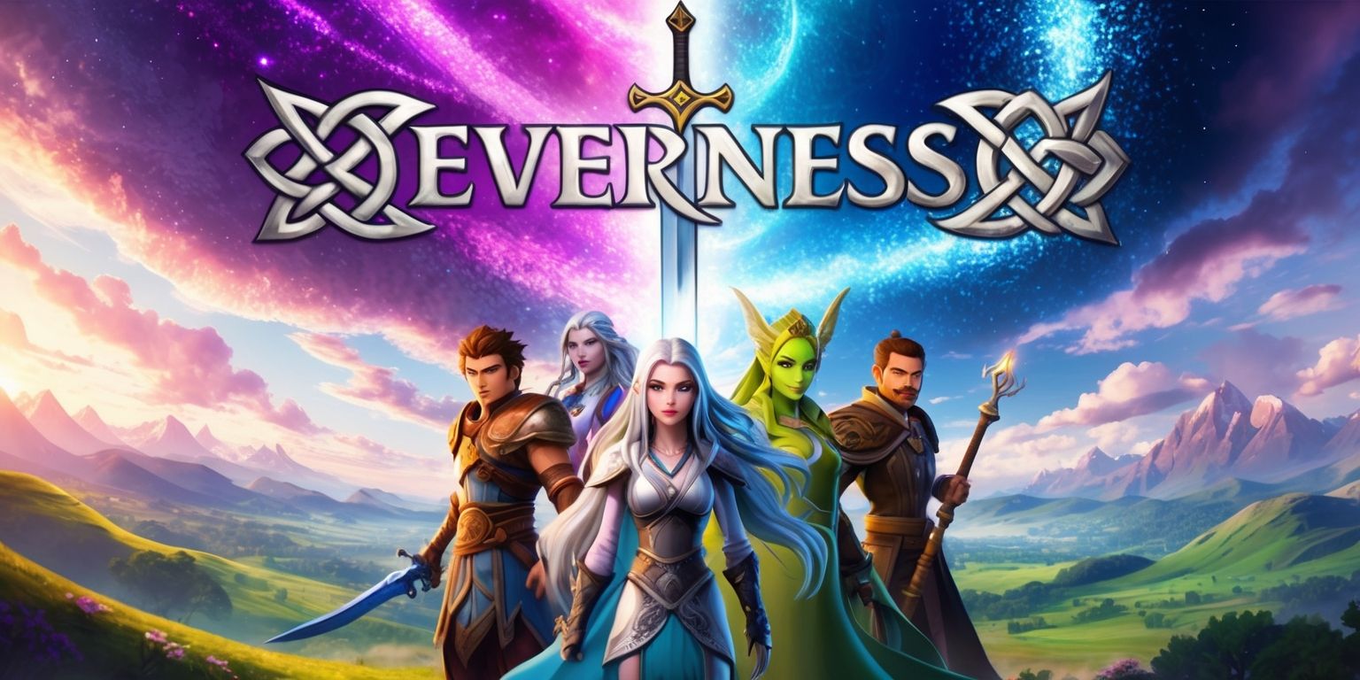 A vibrant fantasy scene depicting the mystical realm of Neverness transitioning to the enchanting world of Everness, set against a breathtaking backdrop of swirling clouds and shimmering stardust, with rolling hills and majestic mountains in the distance, and in the foreground, a group of adventurous characters from the game, including a brave warrior with striking blue eyes and short brown hair, a wise sorceress with long flowing silver locks and an ethereal glow, and a cunning rogue with piercing green eyes and a mischievous grin, all standing together, looking out towards the horizon, with the game's logo, a stylized silver sword with intricate Celtic knots, emblazoned on a banner waving gently in the breeze.