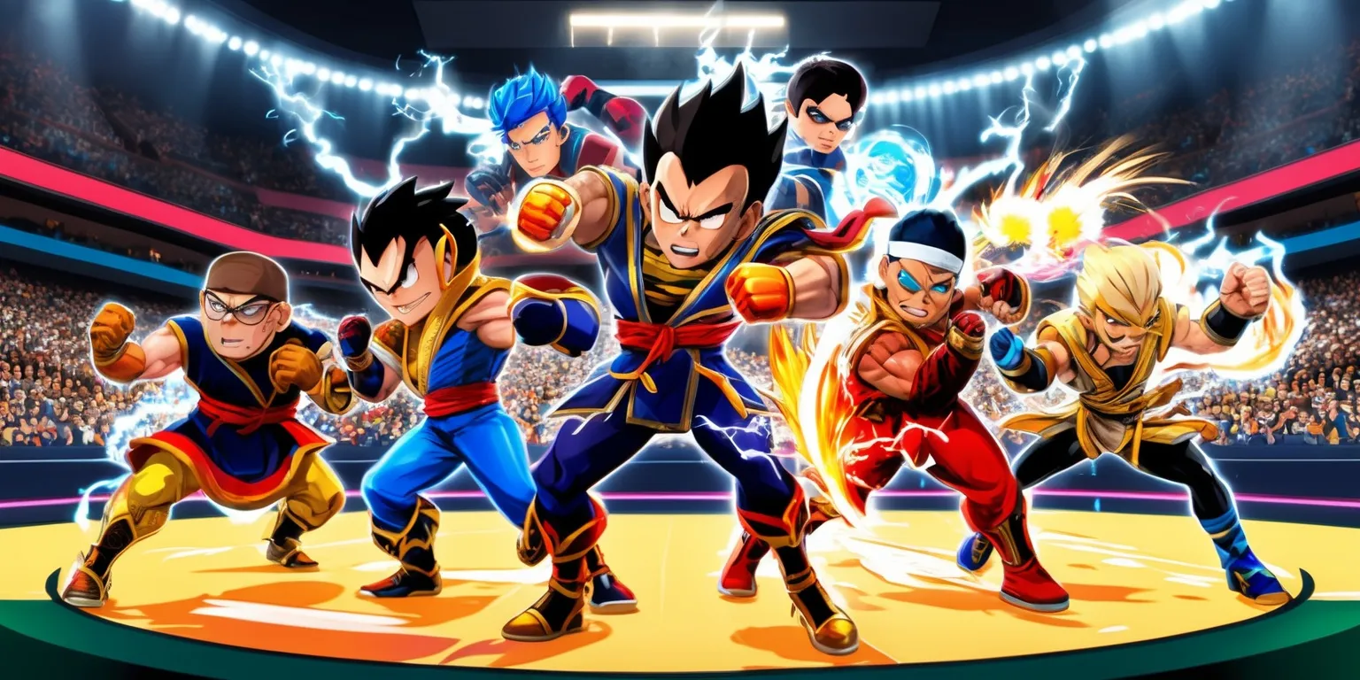 A vibrant and dynamic illustration of a 3-on-3 tag-team fighting game scene, with six characters in total, each uniquely designed with varying facial features, skin colors, and distinctive attributes, set against a stylized arena backdrop with a large crowd in the stands, the characters clad in elaborate costumes with bold colors and intricate details, with flashes of light and energetic special effects emanating from their movements and attacks, the overall style inspired by Japanese anime and manga, with bold lines, exaggerated expressions, and dramatic poses, the layout featuring a central focal point with the characters positioned in a semi-circle, surrounded by a blurred peripherals to emphasize the intensity of the battle, with hints of smoke, fire, and electricity adding to the electrifying atmosphere.